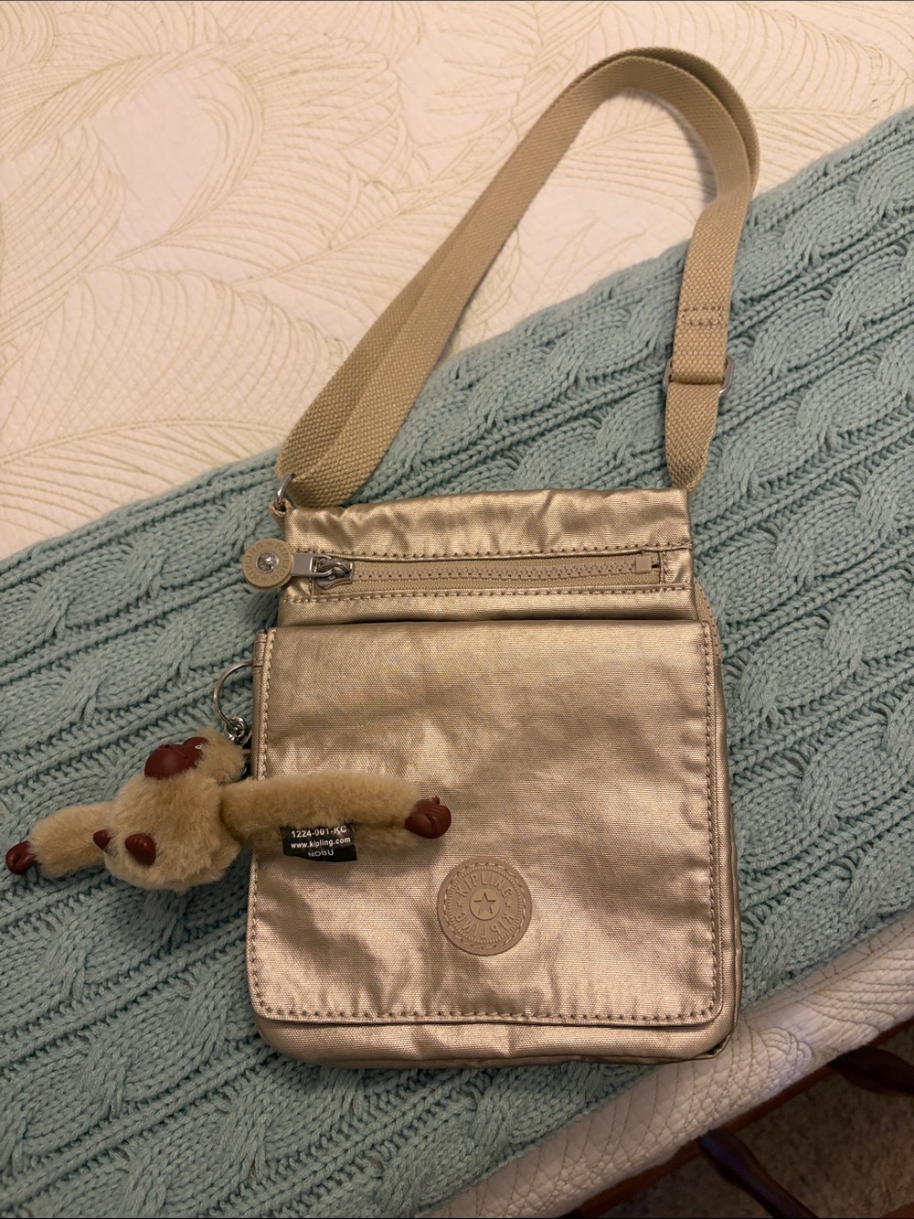 Kipling Metallic Gold Crossbody Shoulder Bag with Plush Gorilla Key Charm